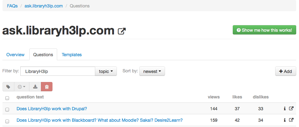 LibraryH3lp admin site Faqs tab